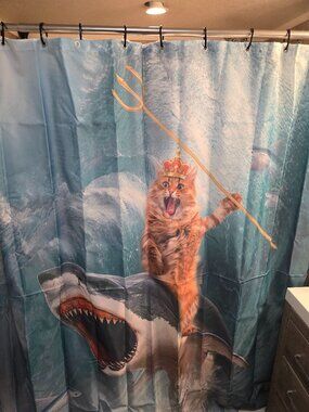 Funny Cat Riding Shark Shower Curtain – 72"x72" – Waterproof – NIP